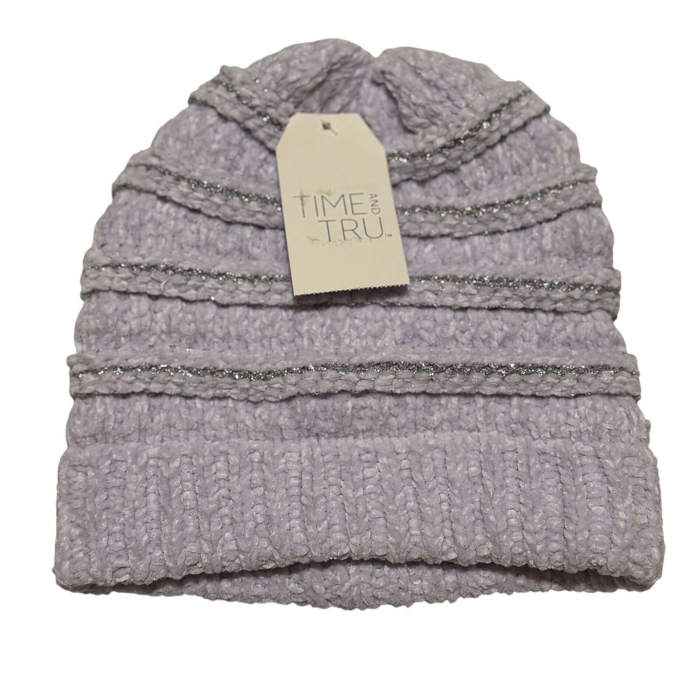 Time and Tru Beanie Purple Lurex Chenille Knit Winter Hat Glitter Striped Women